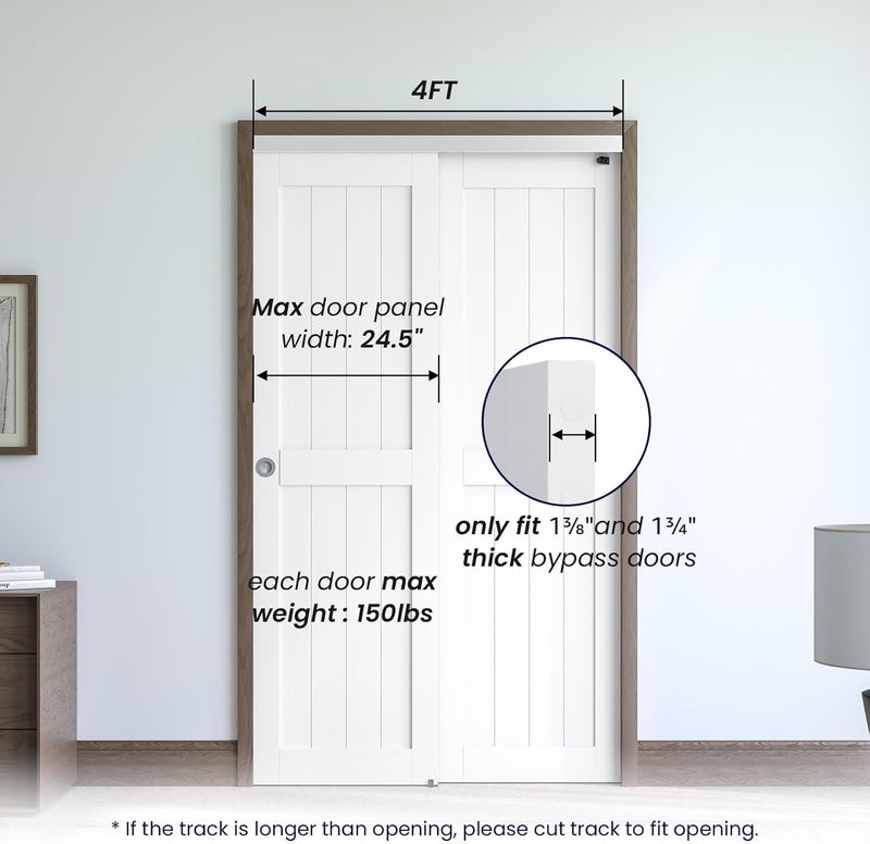 SMARTSTANDARD 48"/4FT Bypass Sliding Door Hardware Kit for Cabinet Closet, Aluminum Alloy Hardware with Finger Pull, for 2 Door System, Smoothly and Quietly, Fit 24.5" Wide Panel, No Door - Image 2